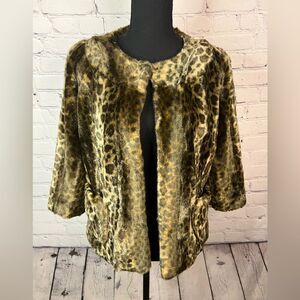 Guess Faux Fur Browns Leopard Print Lined‎ Cropped 3/4 Sleeve Jacket Size Large